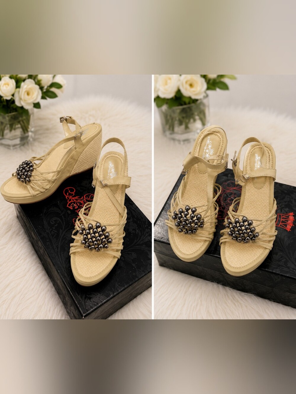 Embellished Cream Wedge Sandals with Ankle Strap - Women